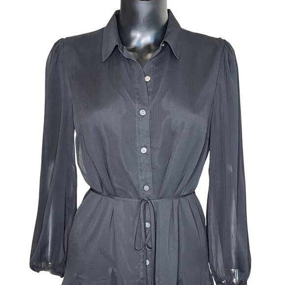 🆕 LOFT Black Chiffon Button-Down Long Sleeve Mini Dress with Tie Waist SZ Small - Picture 5 of 10